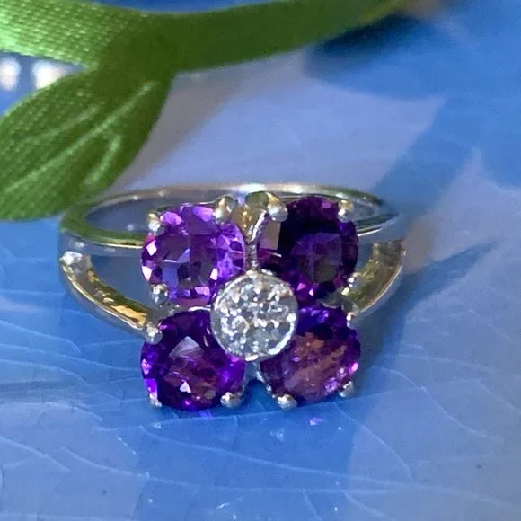 -Sterling Amethyst Floral Ring | Size 5 | Celestial Luxe Sparkle - Picture 2 of 14